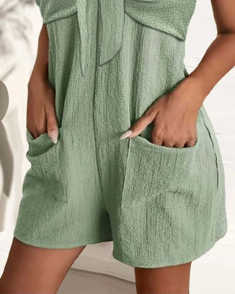 Women's Clothing Elegant Solid Color Metal Strap Pocket Short Casual Jumpsuit
