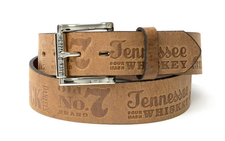 XM-152JD Brown Leather Belt Contemporary Pattern Embossed Gunmetal Silver Plated Jack Daniel's Buckle