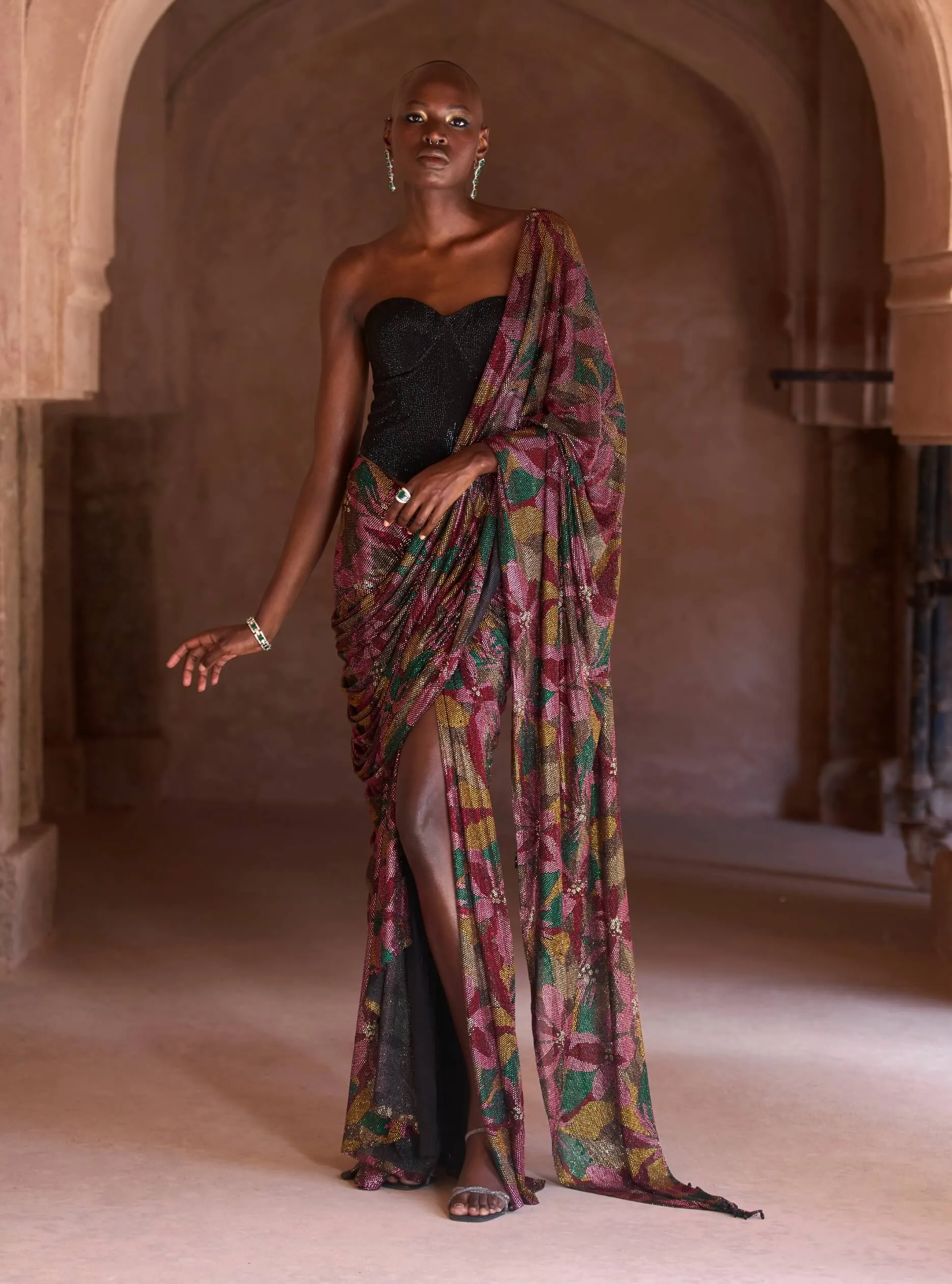 Yasmeen black corset sari set