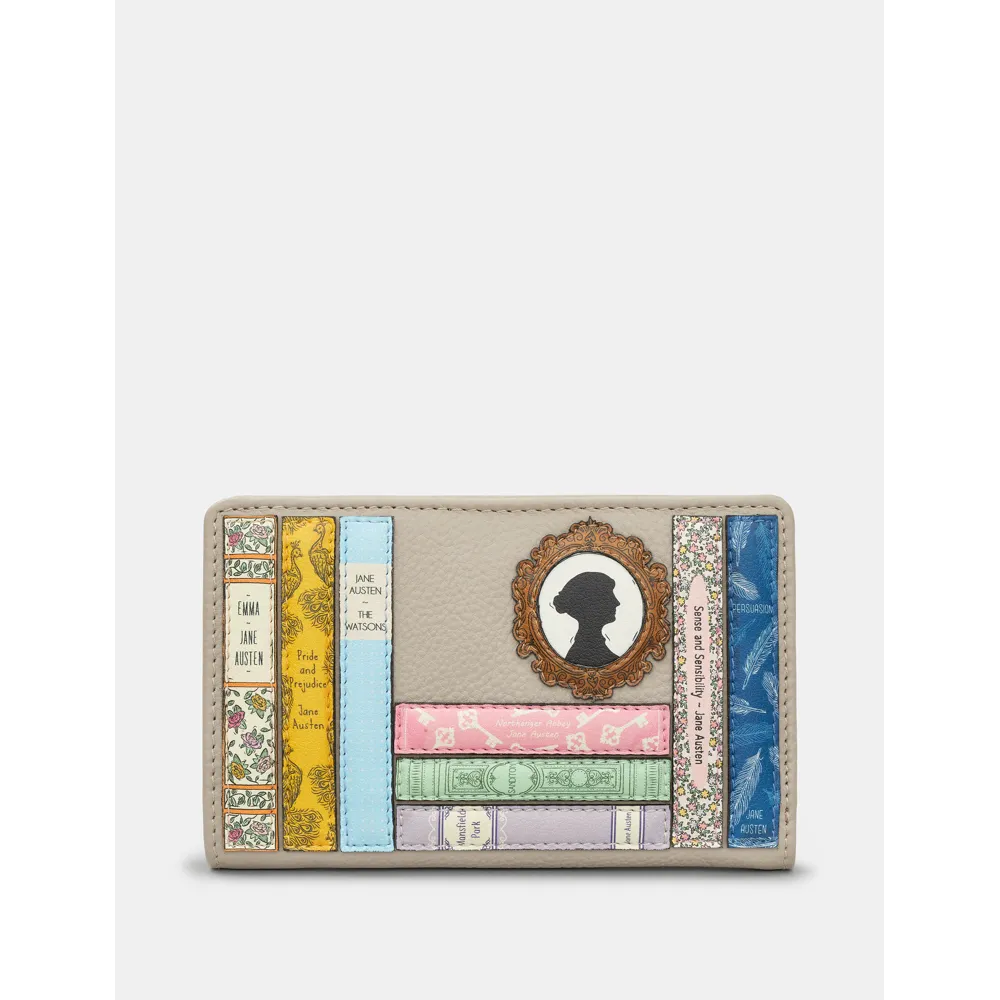 Yoshi Jane Austen Bookworm Library Zip Around Warm Grey Leather Purse