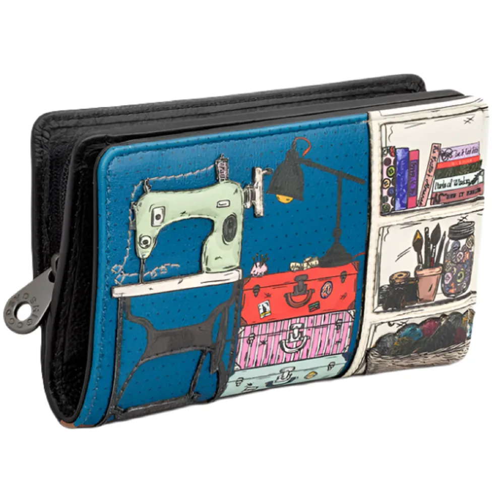 Yoshi The Craft Room Black Leather Flap Over Zip Around Purse