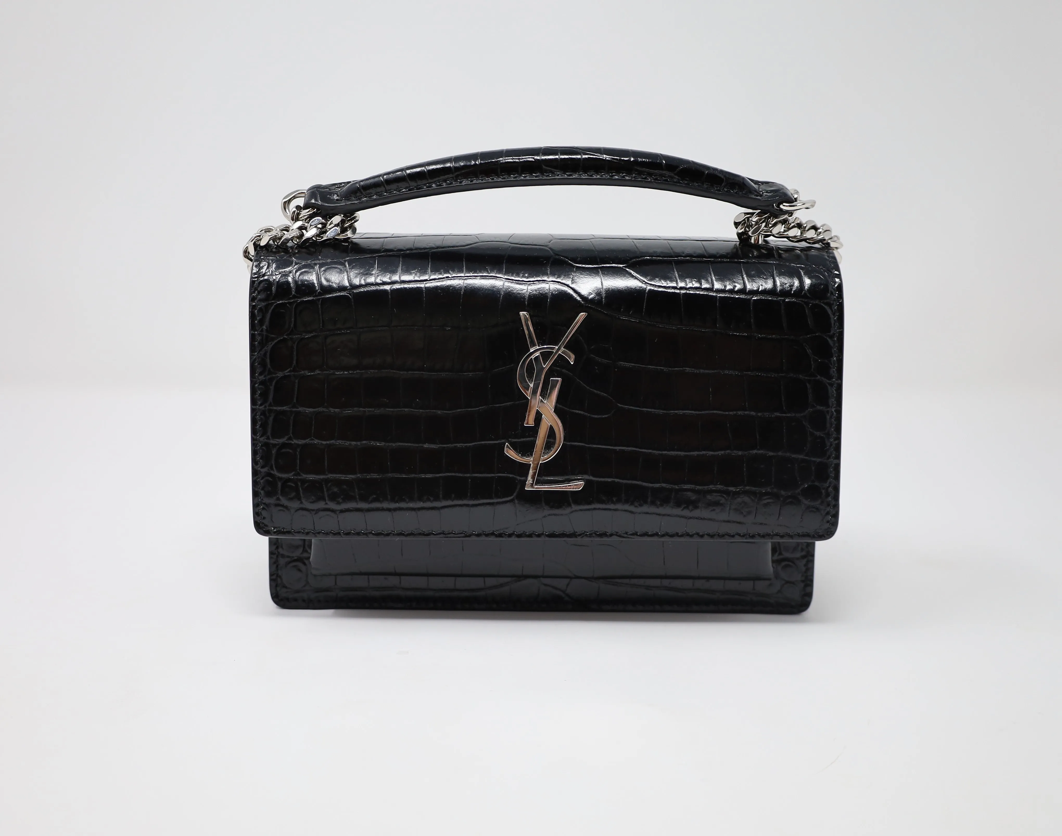 YSL Sunset Chain Wallet in Crocodile Embossed Shiny Leather