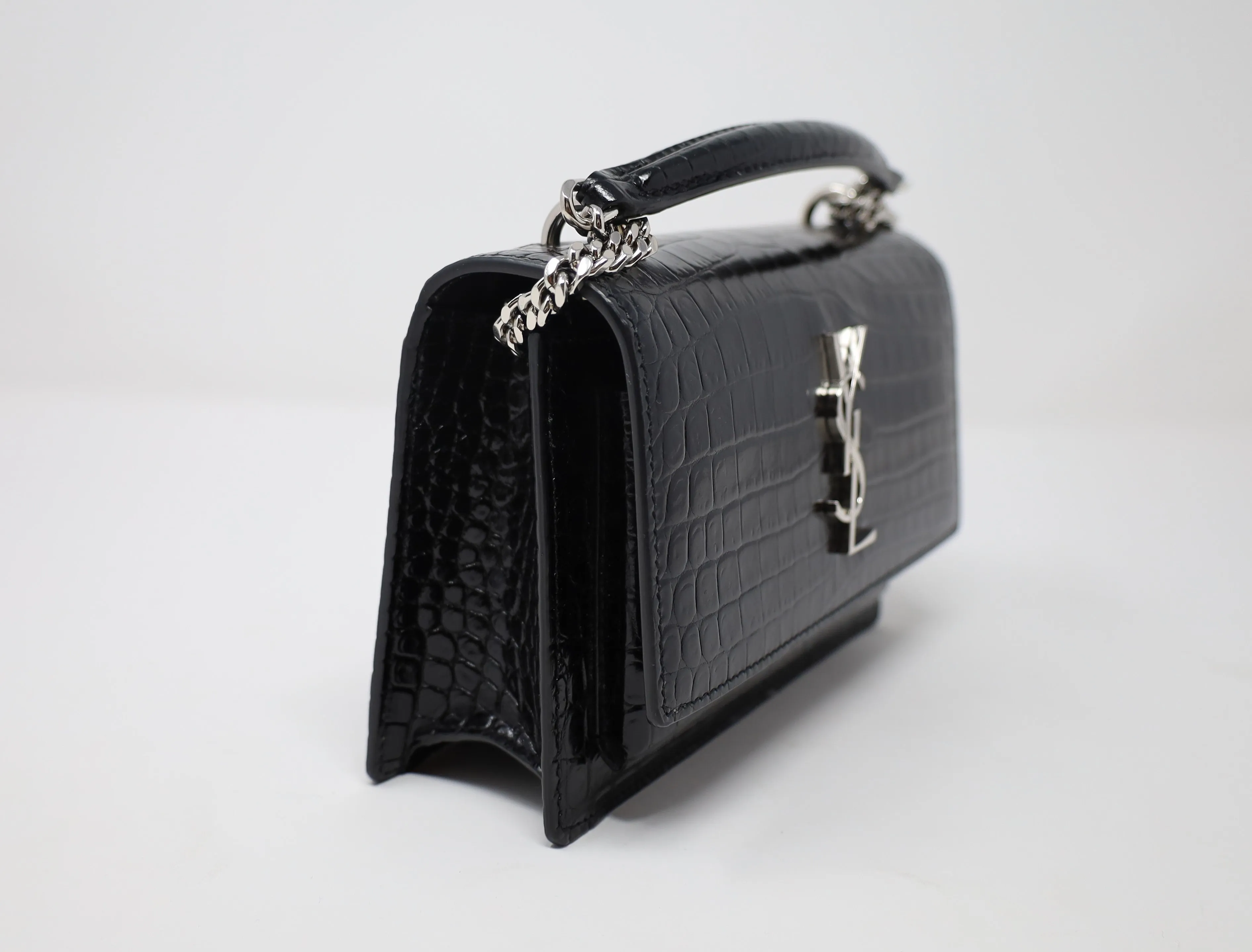 YSL Sunset Chain Wallet in Crocodile Embossed Shiny Leather