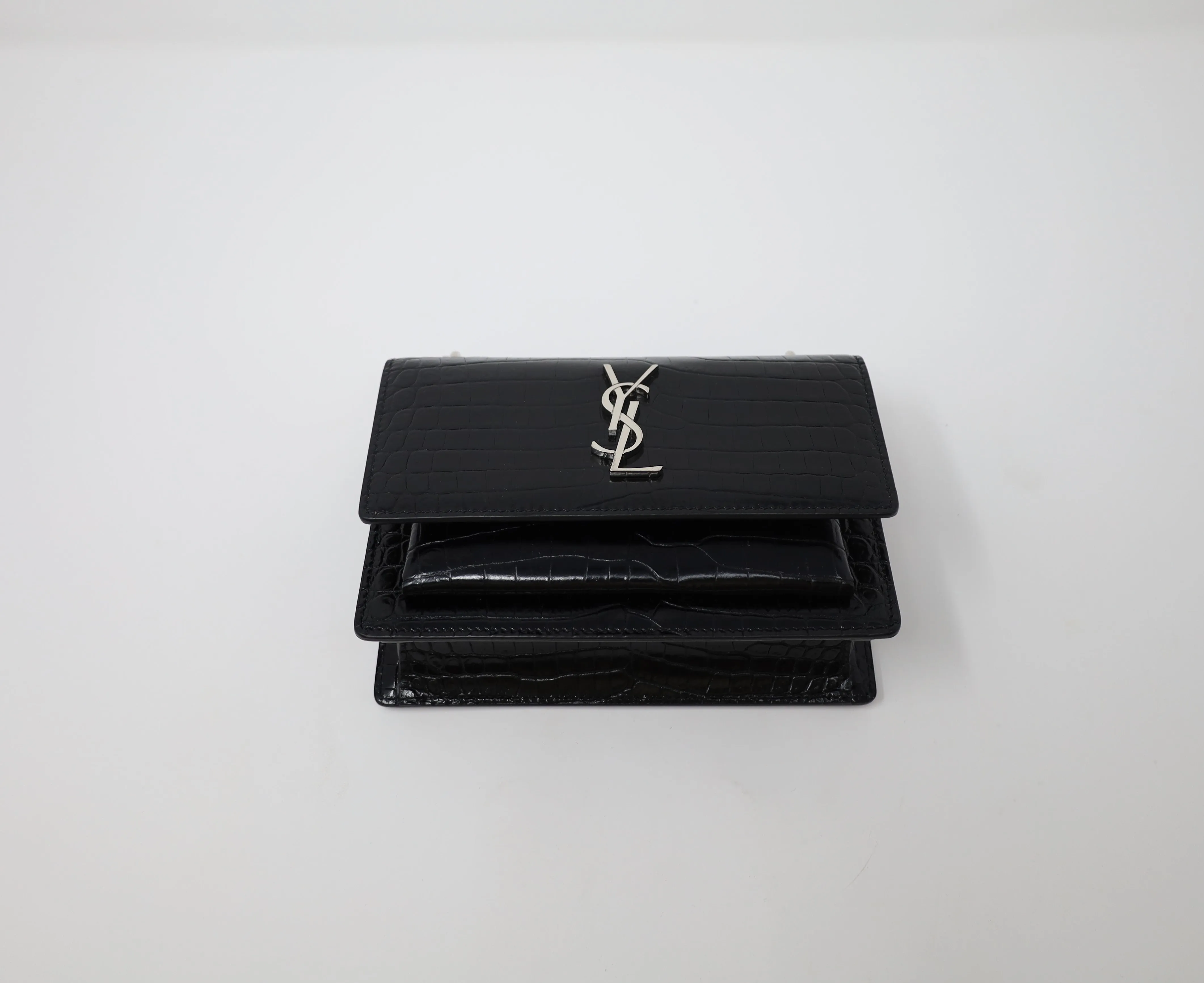 YSL Sunset Chain Wallet in Crocodile Embossed Shiny Leather