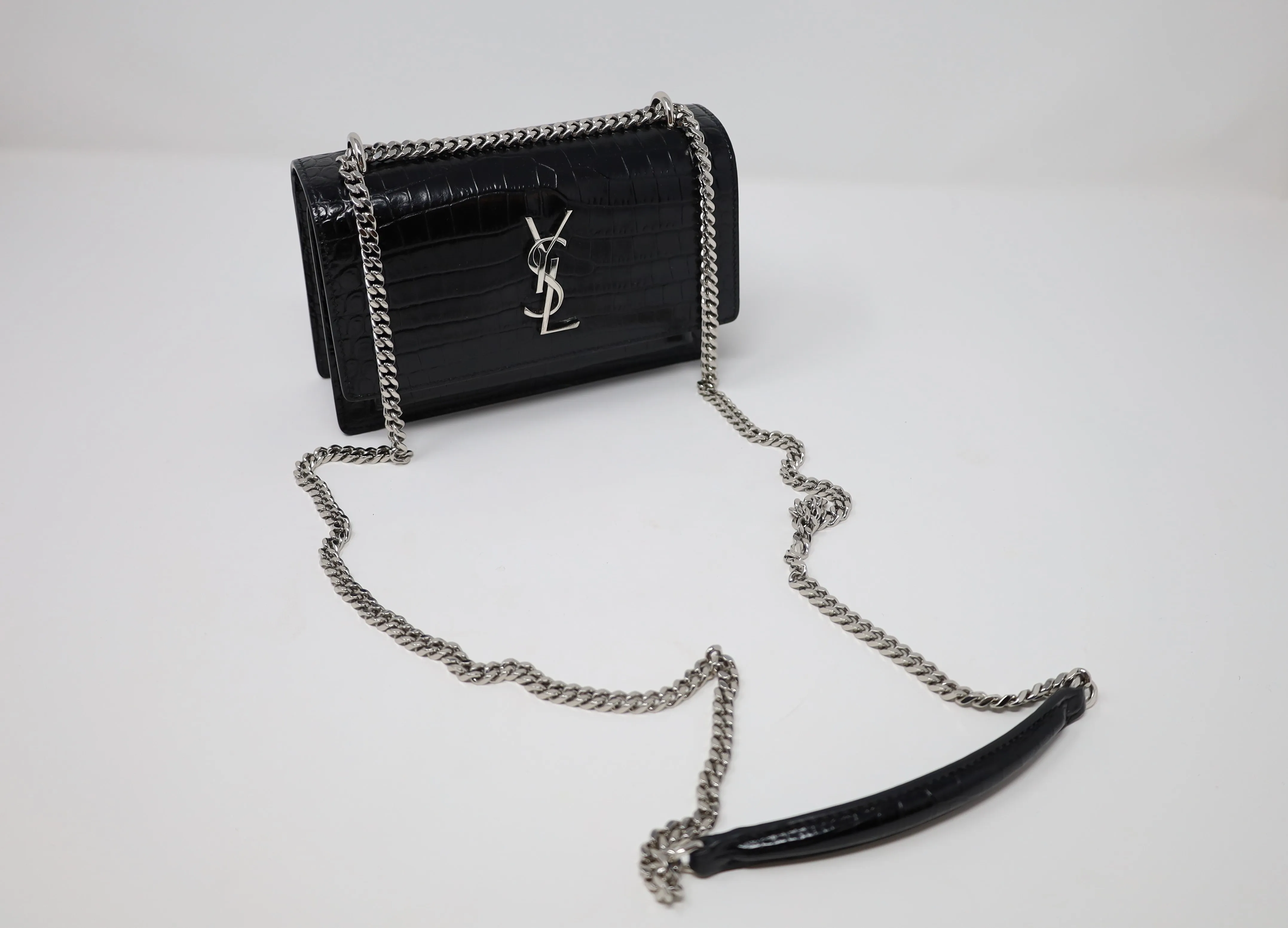 YSL Sunset Chain Wallet in Crocodile Embossed Shiny Leather